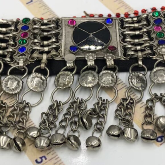 Black Stone Choker, Handmade Afghan Choker with Stones and Silver Beads, Kuchi - Picture 12 of 13